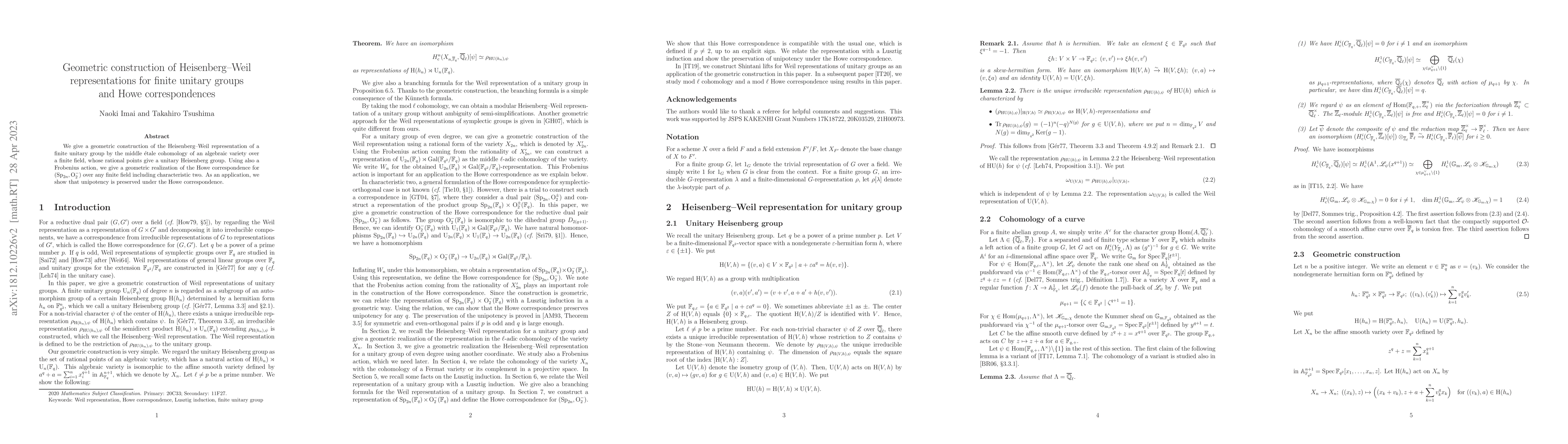 Thumbnail for Geometric construction of Heisenberg-Weil representations for finite
  unitary groups and Howe correspondences