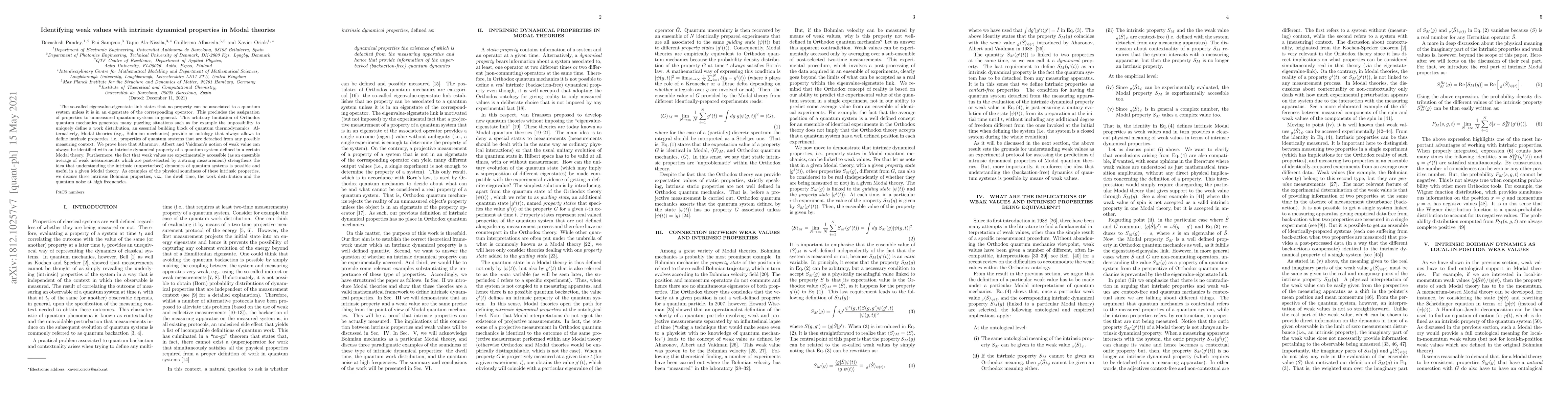 Thumbnail for Identifying weak values with intrinsic dynamical properties in Modal
  theories