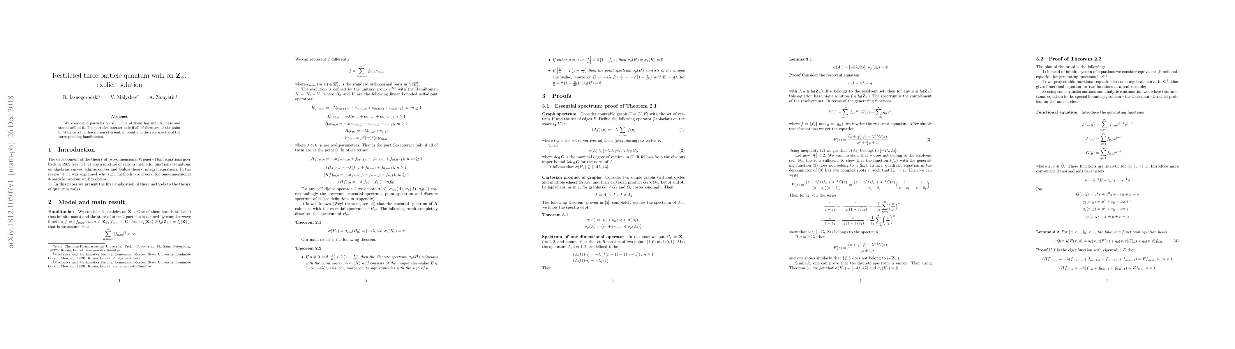Thumbnail for Restricted three particle quantum walk on ${\bf Z_{\bf +}}$: explicit
  solution
