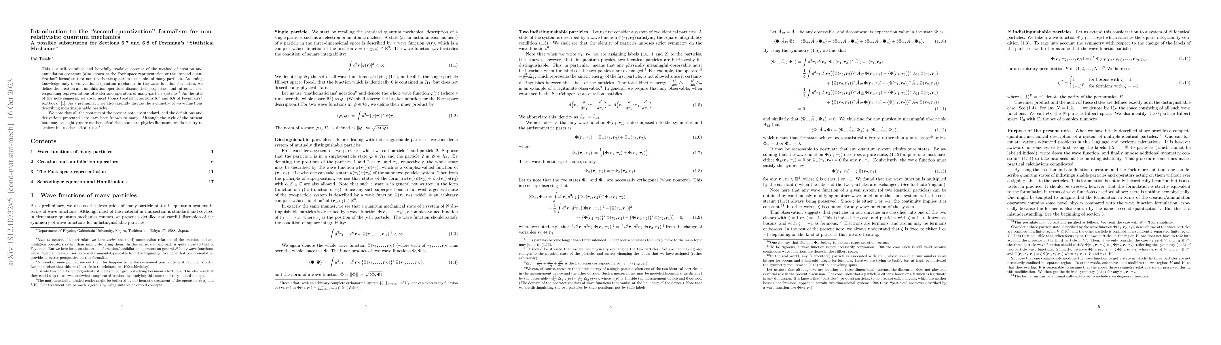 Thumbnail for Introduction to the "second quantization" formalism for non-relativistic
  quantum mechanics: A possible substitution for Sections 6.7 and 6.8 of
  Feynman's "Statistical Mechanics"