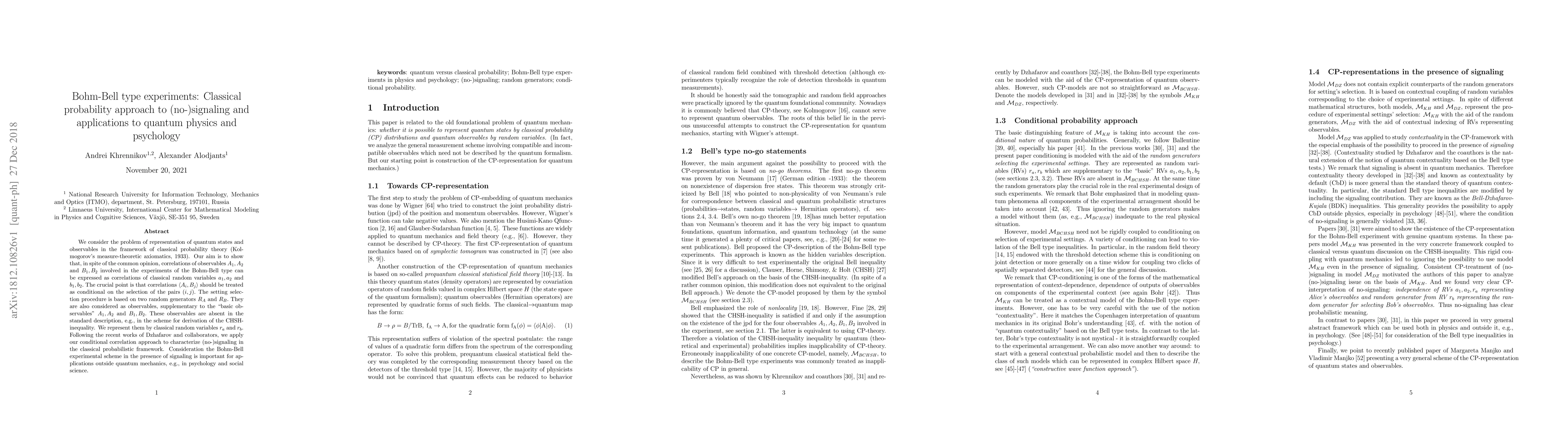 Thumbnail for Bohm-Bell type experiments: Classical probability approach to
  (no-)signaling and applications to quantum physics and psychology