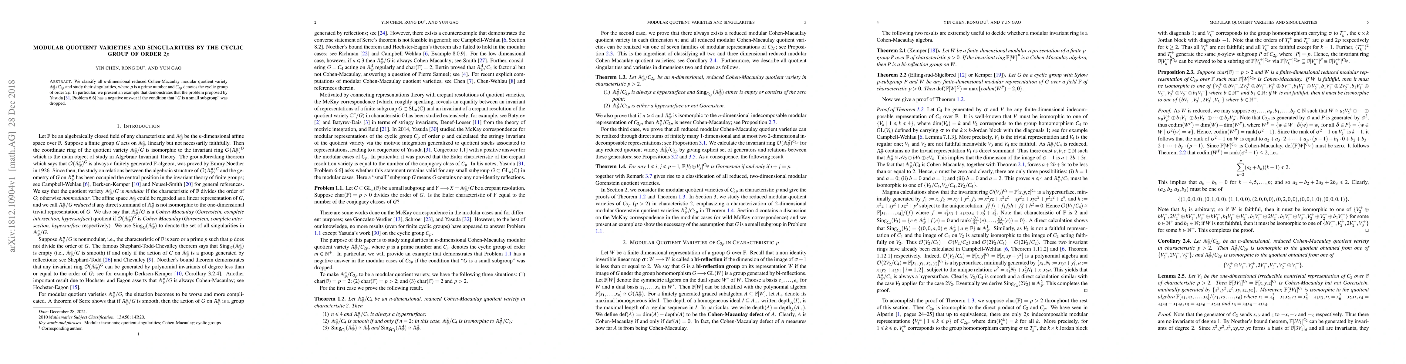 Thumbnail for Modular quotient varieties and singularities by the cyclic group of
  order $2p$