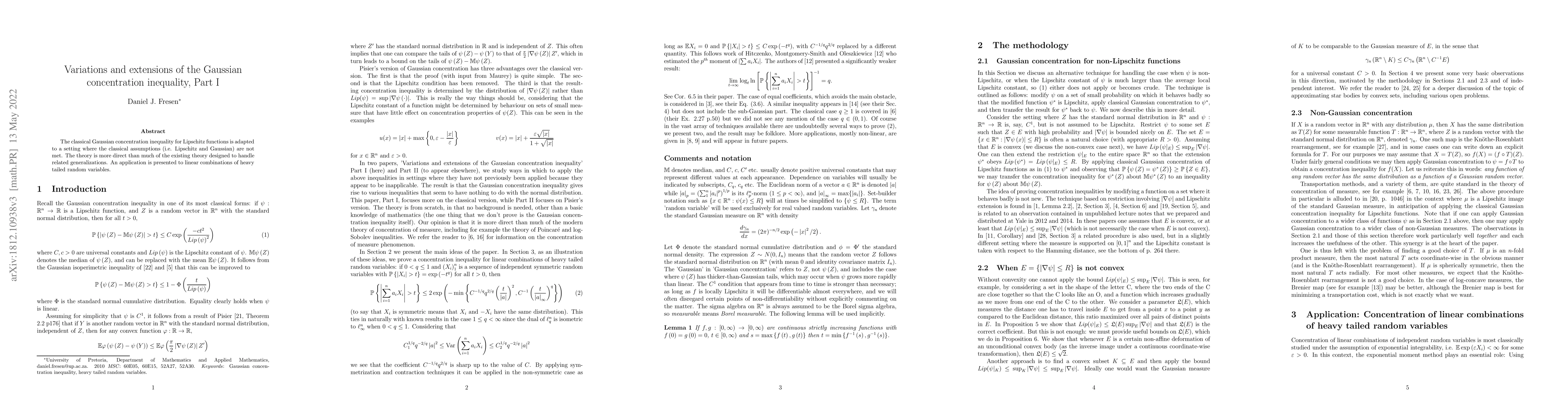 Thumbnail for Variations and extensions of the Gaussian concentration inequality, Part
  I