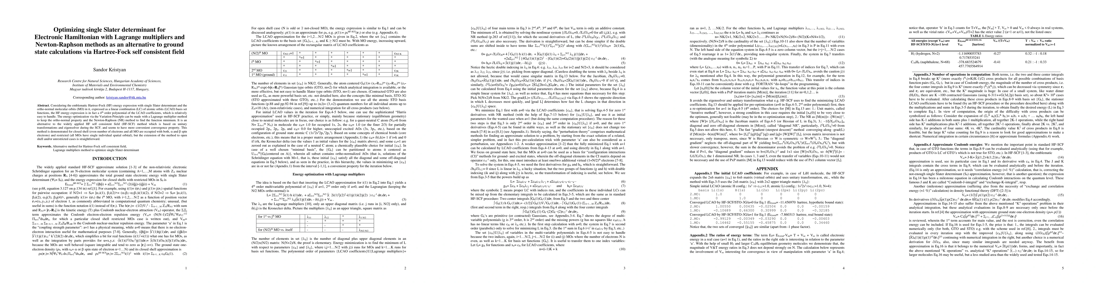 Thumbnail for Optimizing single Slater determinant for Electronic Hamiltonian with
  Lagrange multipliers and Newton-Raphson methods as an alternative to ground
  state calculations via Hartree-Fock self consistent field