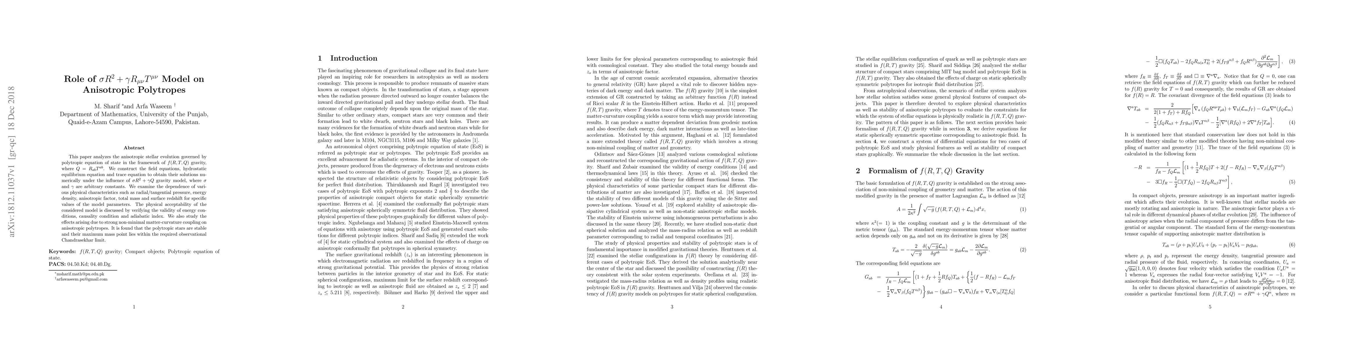 Thumbnail for Role of $\sigma R^{2}+\gamma R_{\mu\nu}T^{\mu\nu}$ Model on Anisotropic
  Polytropes