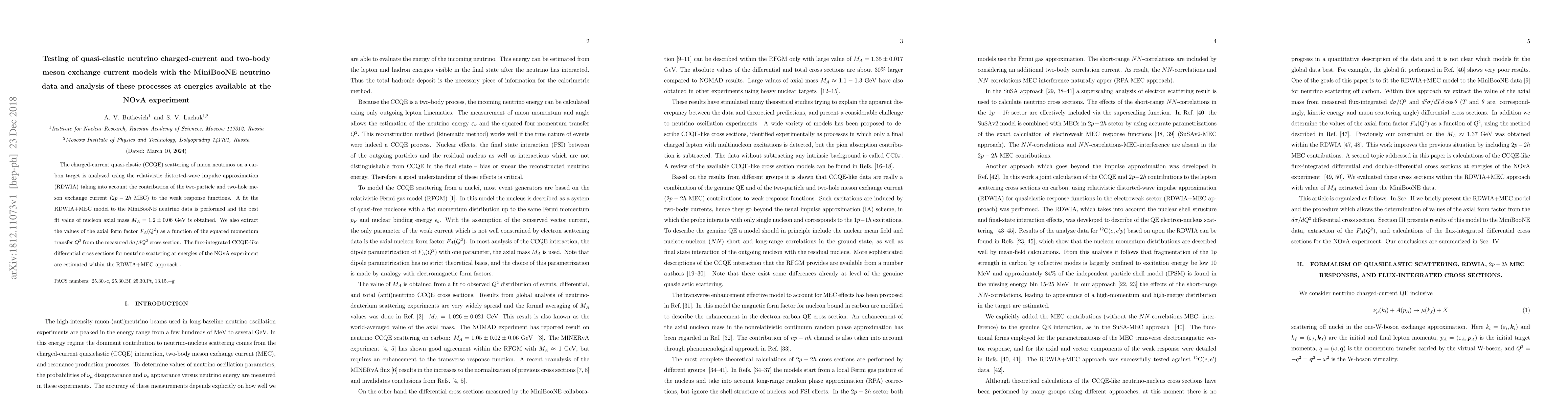 Thumbnail for Testing of quasi-elastic neutrino charged-current and two-body meson
  exchange current models with the MiniBooNE neutrino data and analysis of
  these processes at energies available at the NOvA experiment