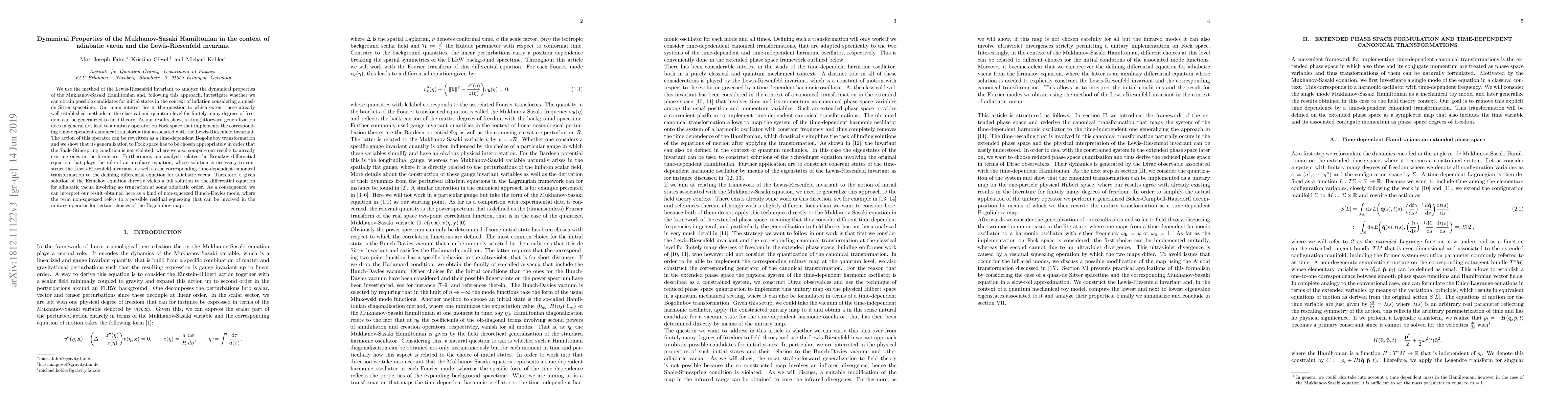 Thumbnail for Dynamical Properties of the Mukhanov-Sasaki Hamiltonian in the context
  of adiabatic vacua and the Lewis-Riesenfeld invariant