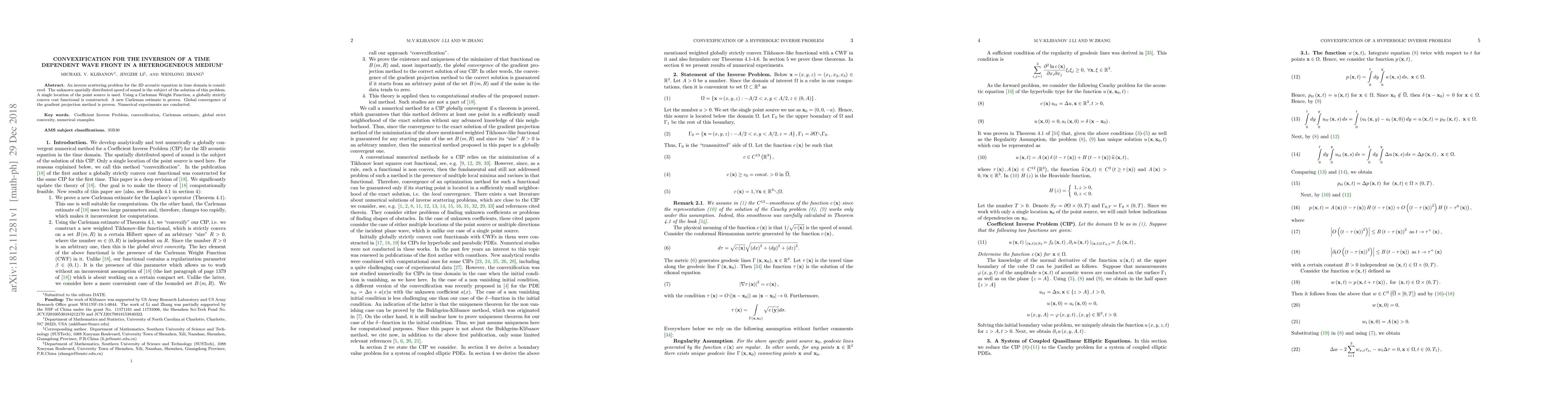 Thumbnail for Convexification for the inversion of a time dependent wave front in a
  heterogeneous medium