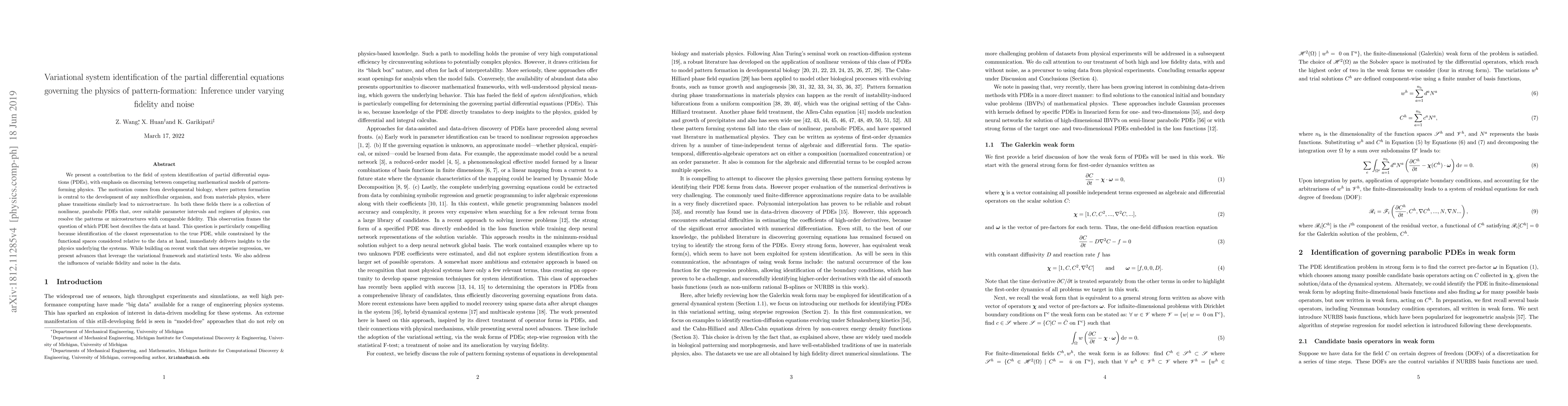 Thumbnail for Variational system identification of the partial differential equations
  governing pattern-forming physics: Inference under varying fidelity and noise