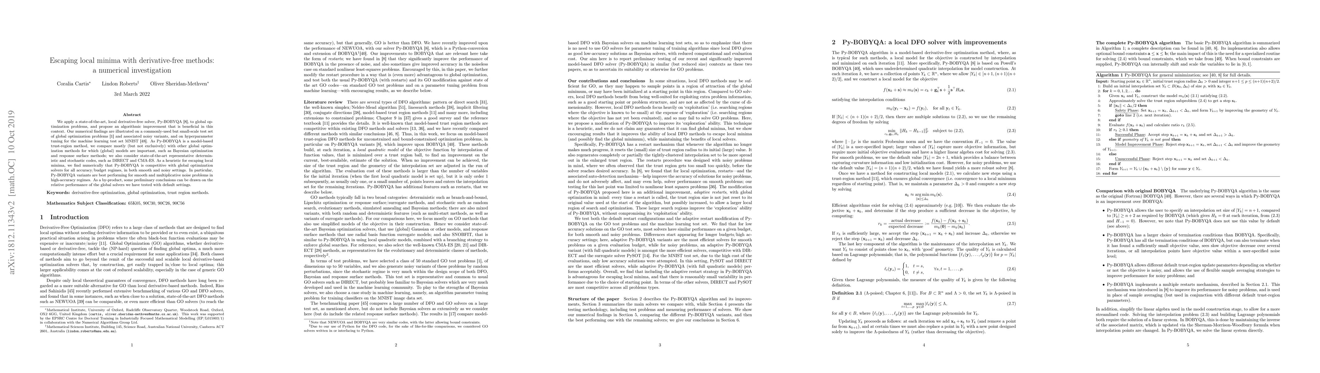 Thumbnail for Escaping local minima with derivative-free methods: a numerical
  investigation