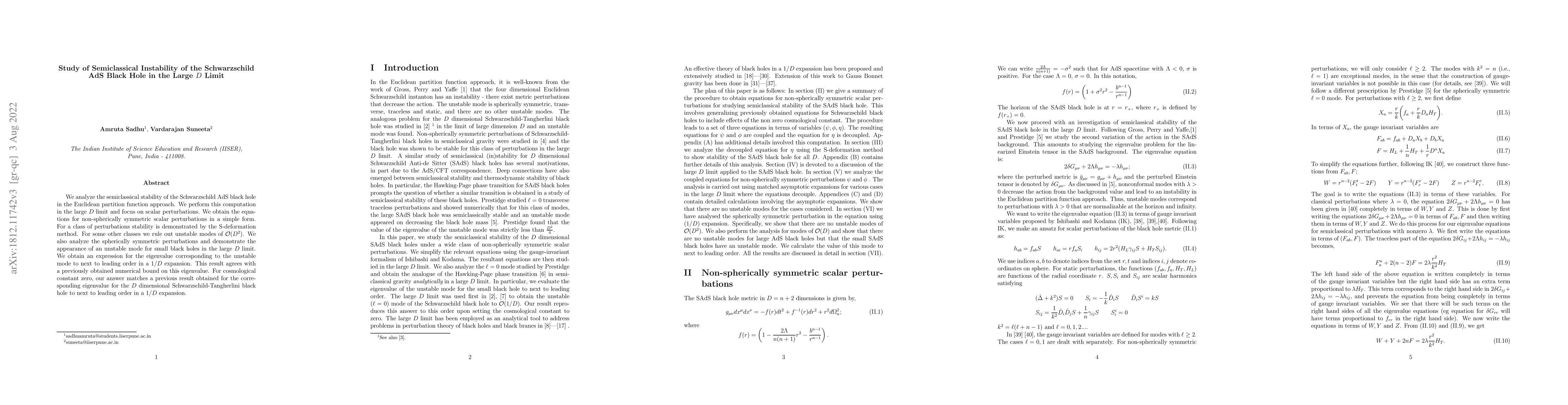 Thumbnail for Study of Semiclassical Instability of the Schwarzschild AdS Black Hole
  in the Large $D$ Limit