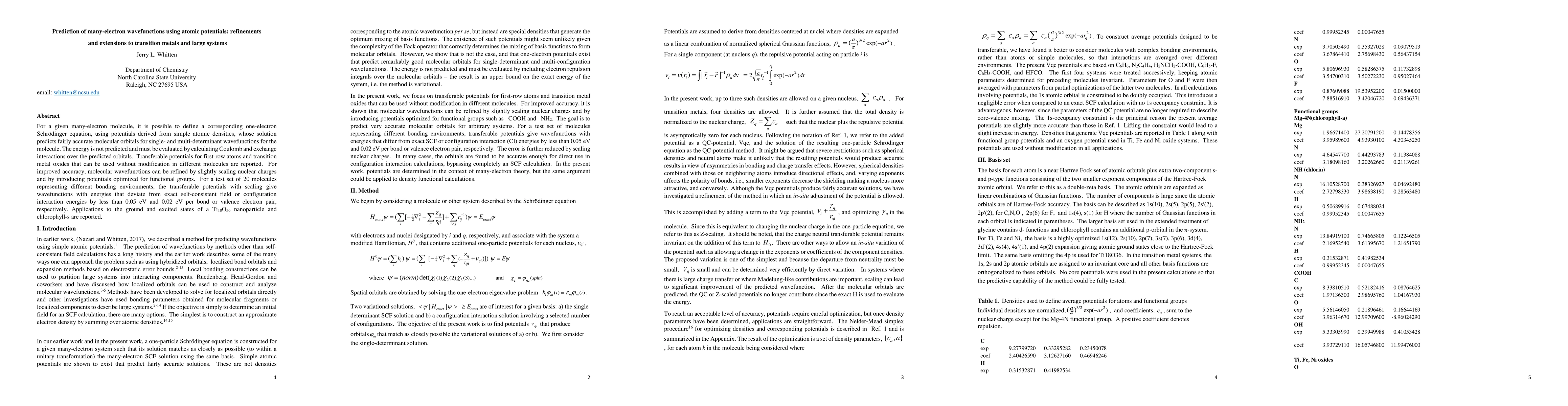 Thumbnail for Prediction of many-electron wavefunctions using atomic potentials:
  refinements and extensions to transition metals and large systems