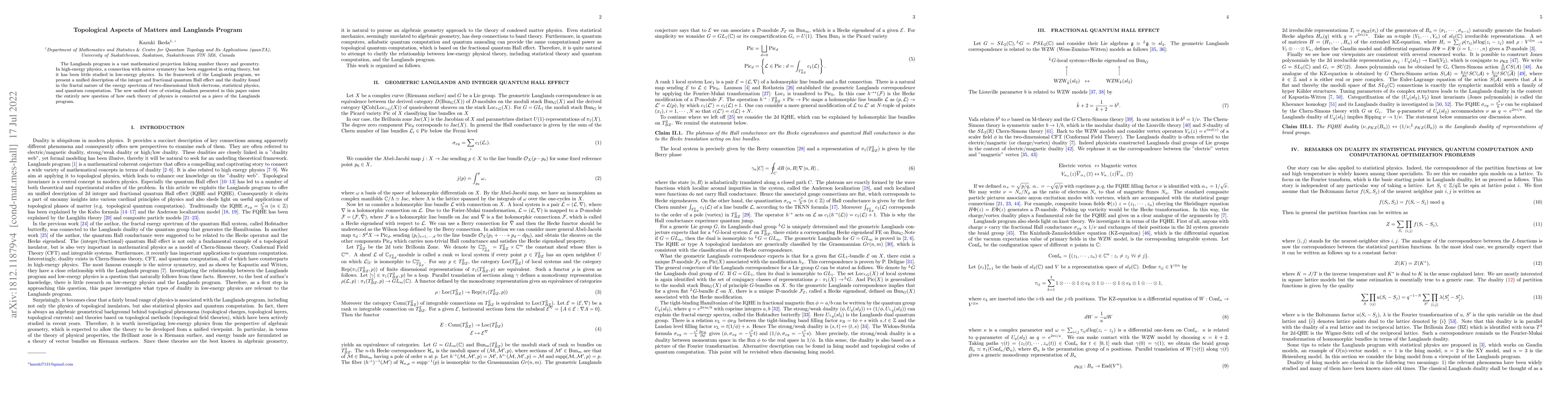 Thumbnail for Topological Aspects of Matters and Langlands Program