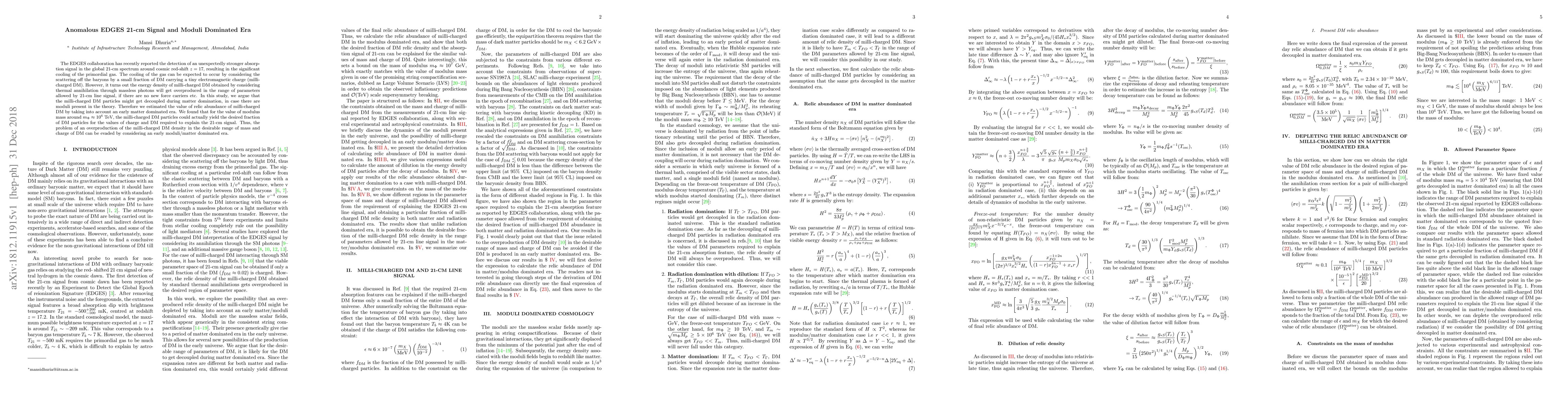 Thumbnail for Anomalous EDGES 21-cm Signal and Moduli Dominated Era