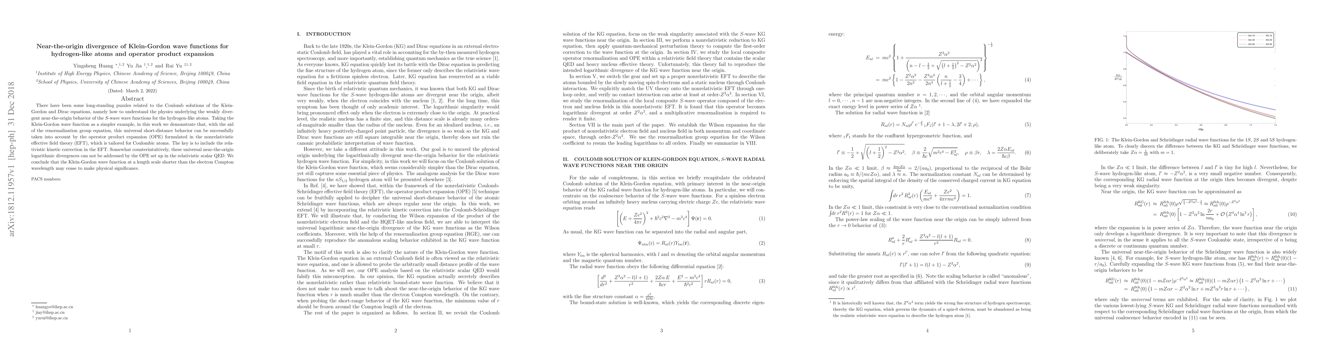 Thumbnail for Near-the-origin divergence of Klein-Gordon wave functions for
  hydrogen-like atoms and operator product expansion