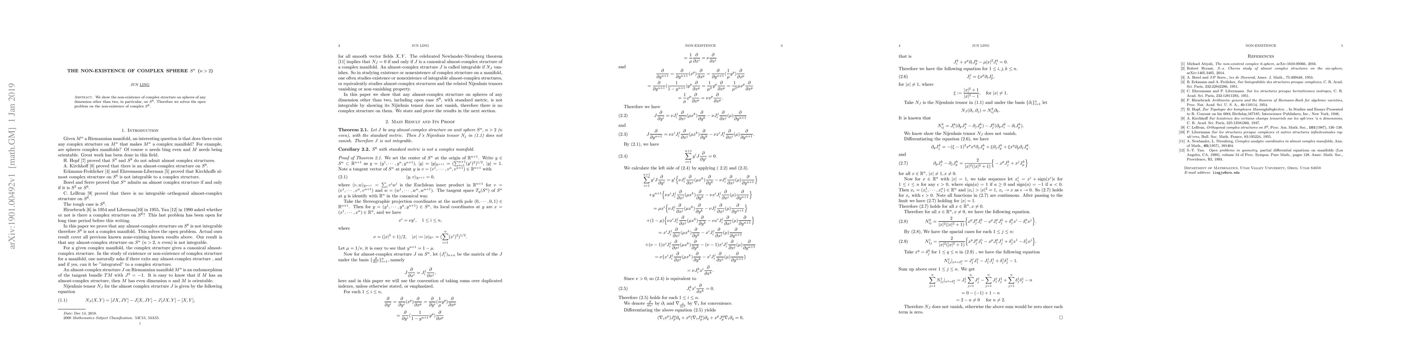 Thumbnail for The Non-existence of Complex Sphere $S^n$ ($n>2$)