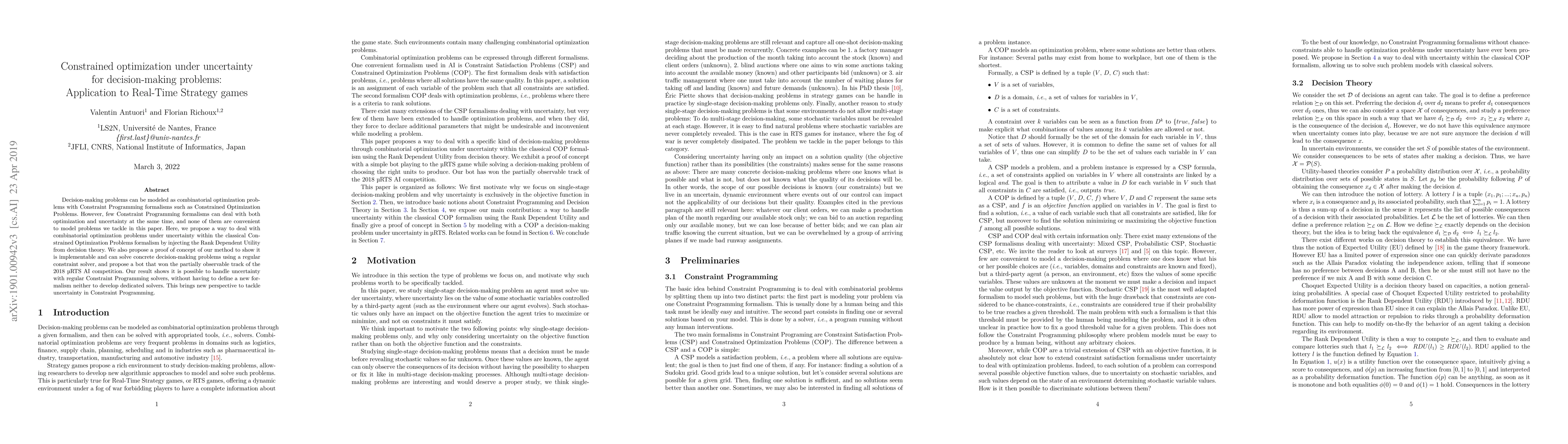 Thumbnail for Constrained optimization under uncertainty for decision-making problems:
  Application to Real-Time Strategy games