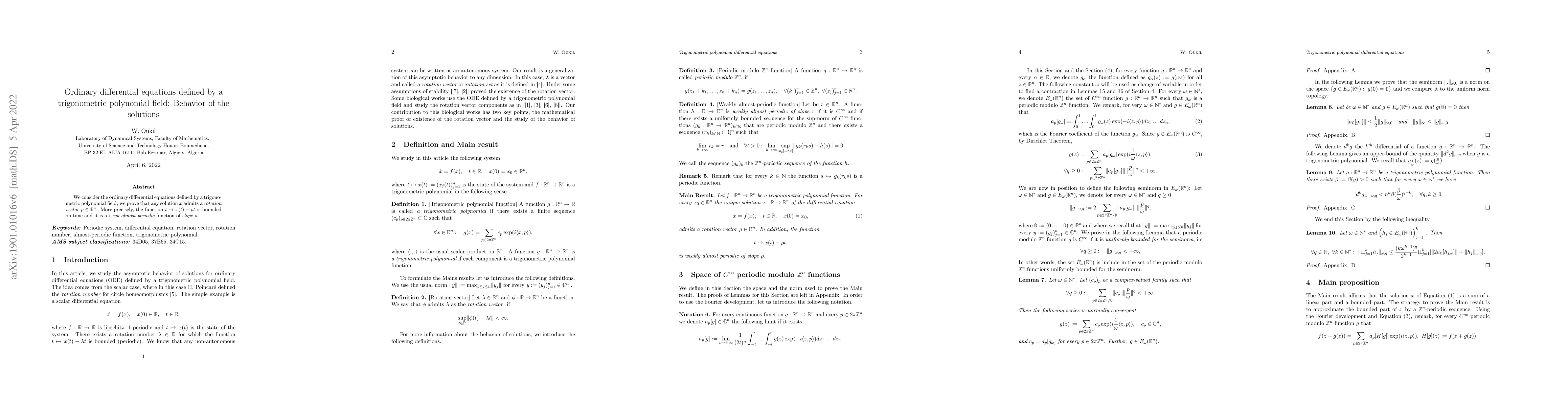 Thumbnail for Ordinary differential equations defined by a trigonometric polynomial
  field: Behavior of the solutions
