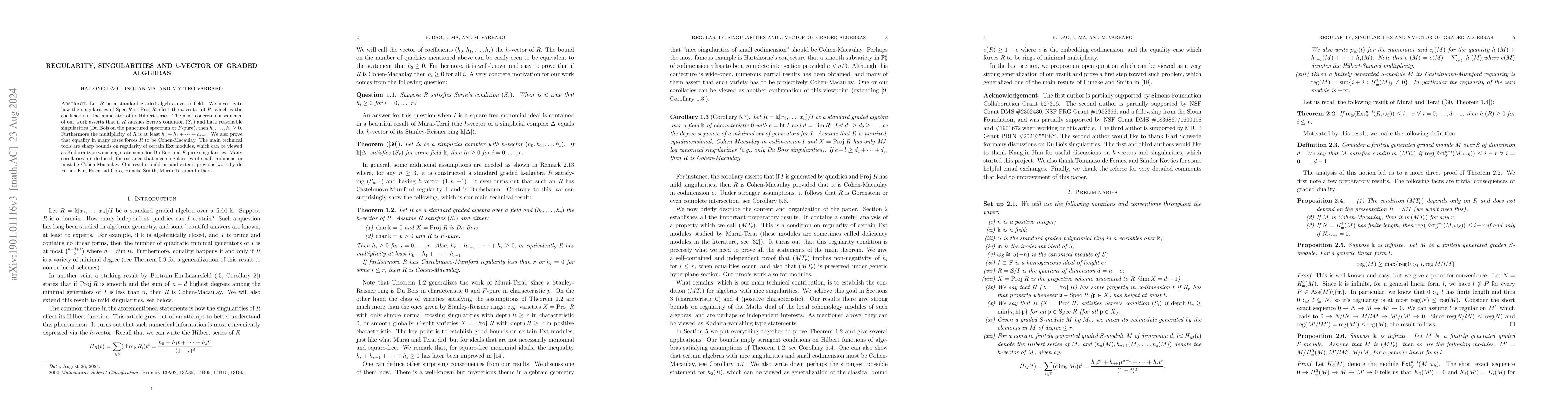 Thumbnail for Regularity, singularities and $h$-vector of graded algebras