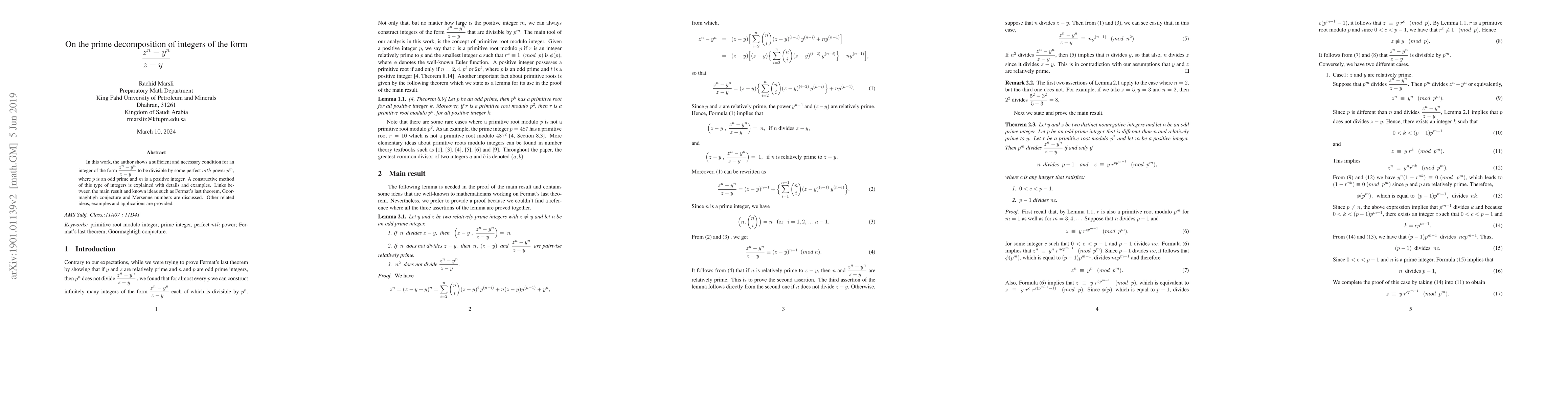 Thumbnail for On the prime decomposition of integers of the form $(z^n-y^n)/(z-y)$
