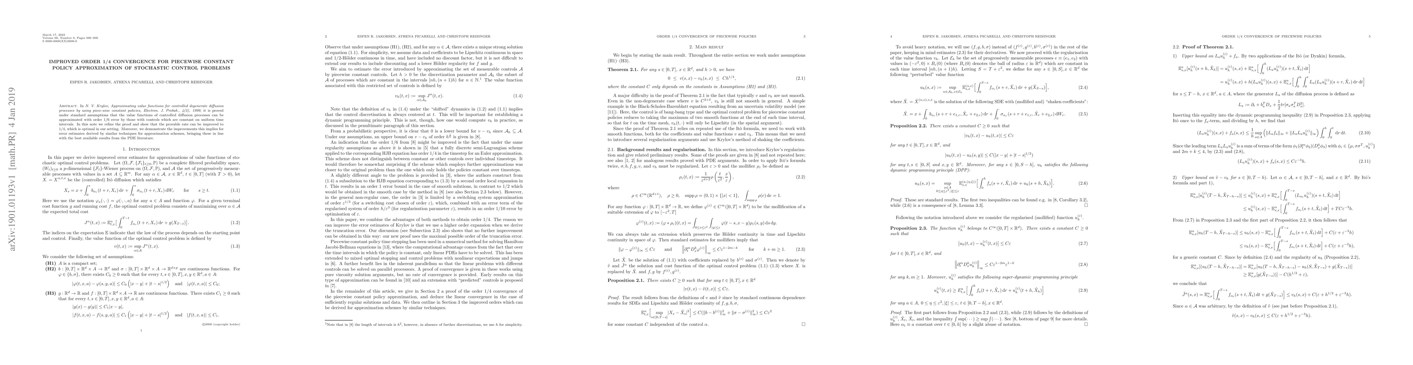 Thumbnail for Improved order 1/4 convergence for piecewise constant policy
  approximation of stochastic control problems