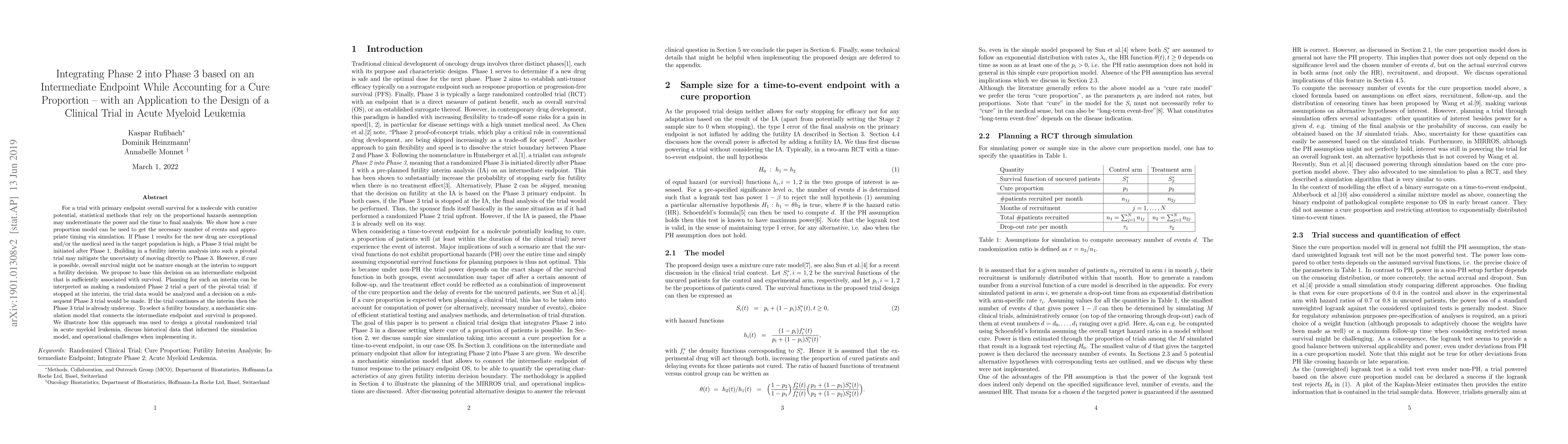 Thumbnail for Integrating Phase 2 into Phase 3 based on an Intermediate Endpoint While
  Accounting for a Cure Proportion -- with an Application to the Design of a
  Clinical Trial in Acute Myeloid Leukemia