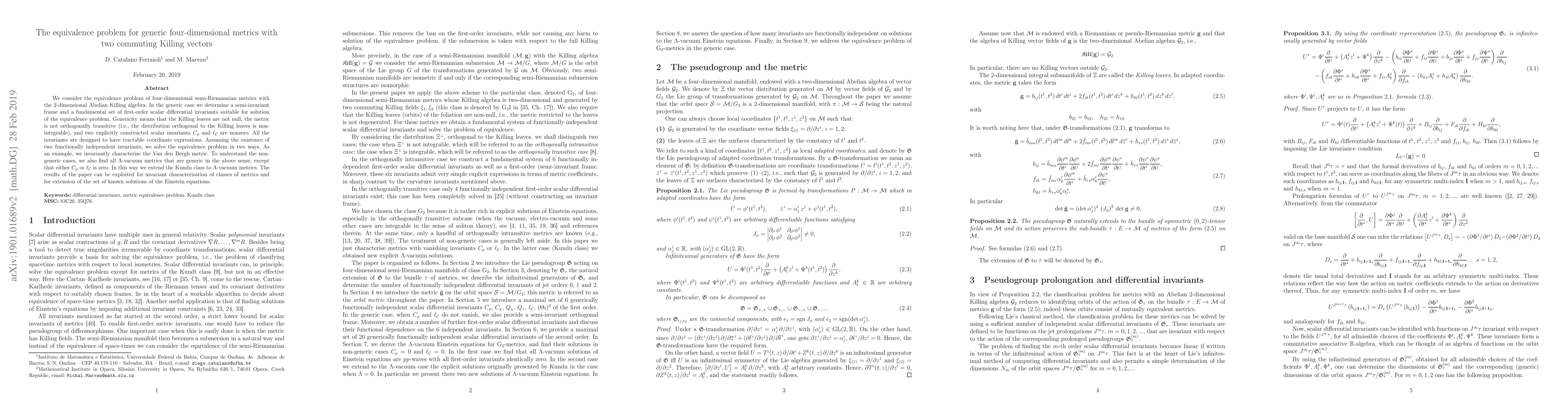 Thumbnail for The equivalence problem for generic four-dimensional metrics with two
  commuting Killing vectors
