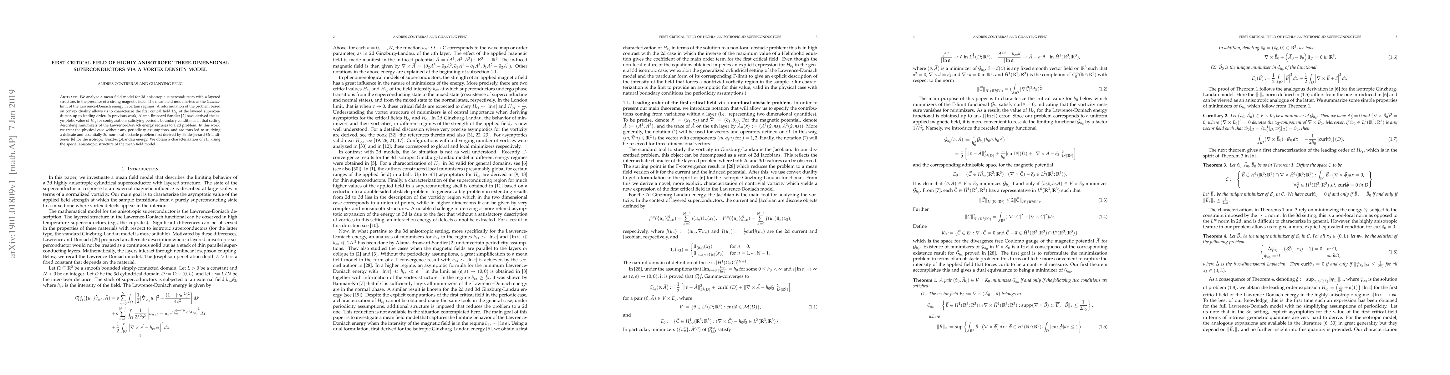 Thumbnail for First critical field of highly anisotropic three-dimensional
  superconductors via a vortex density model