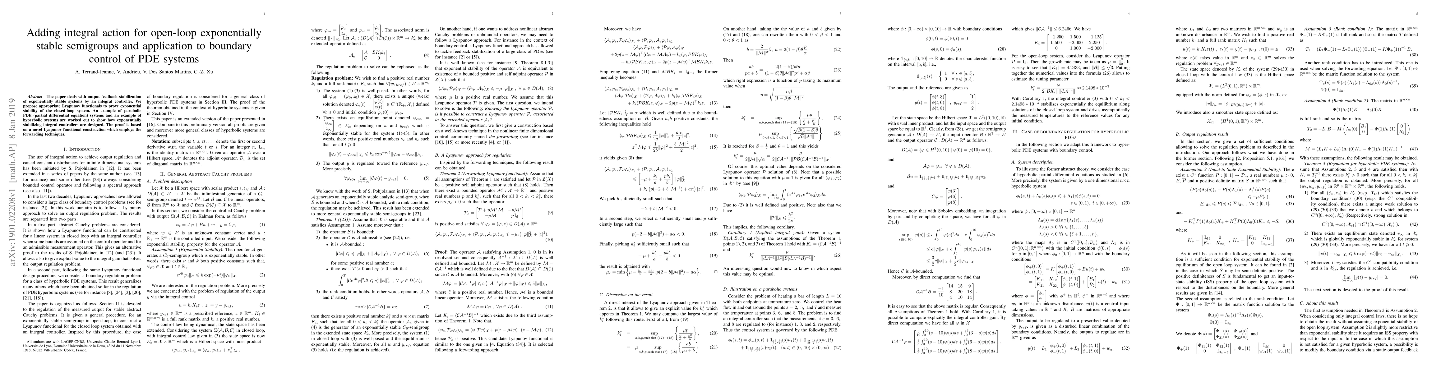 Thumbnail for Adding integral action for open-loop exponentially stable semigroups and
  application to boundary control of PDE systems