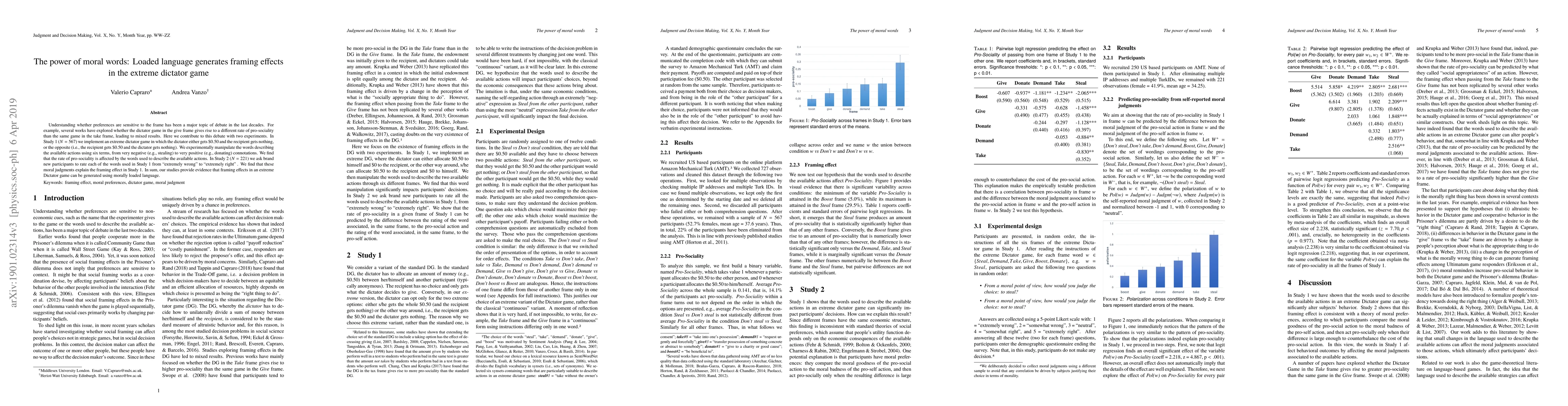Thumbnail for The power of moral words: Loaded language generates framing effects in
  the extreme dictator game