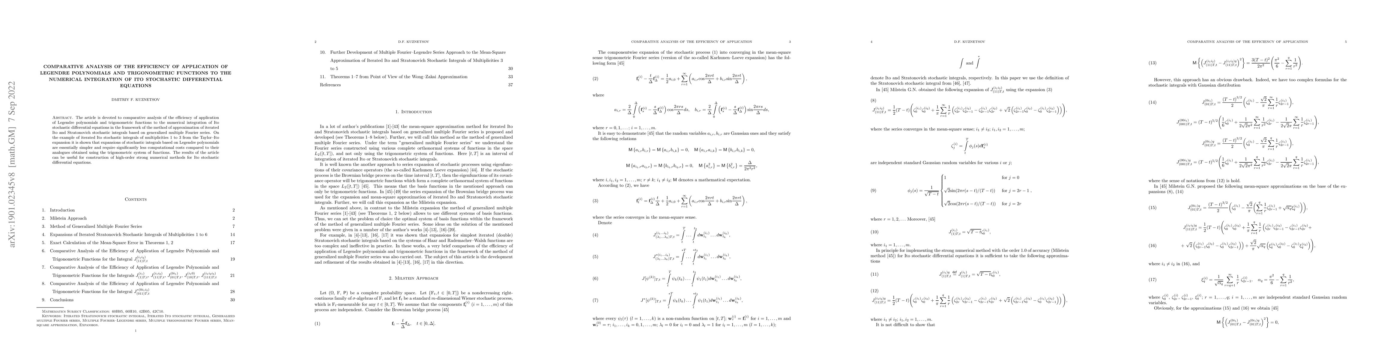Thumbnail for Comparative Analysis of the Efficiency of Application of Legendre
  Polynomials and Trigonometric Functions to the Numerical Integration of Ito
  Stochastic Differential Equations