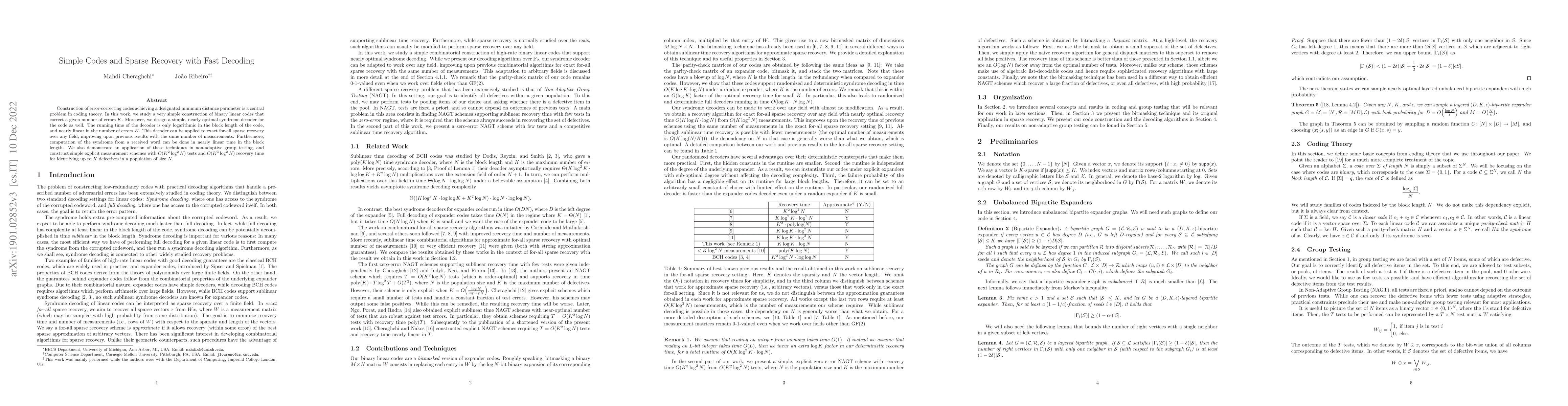 Thumbnail for Simple Codes and Sparse Recovery with Fast Decoding