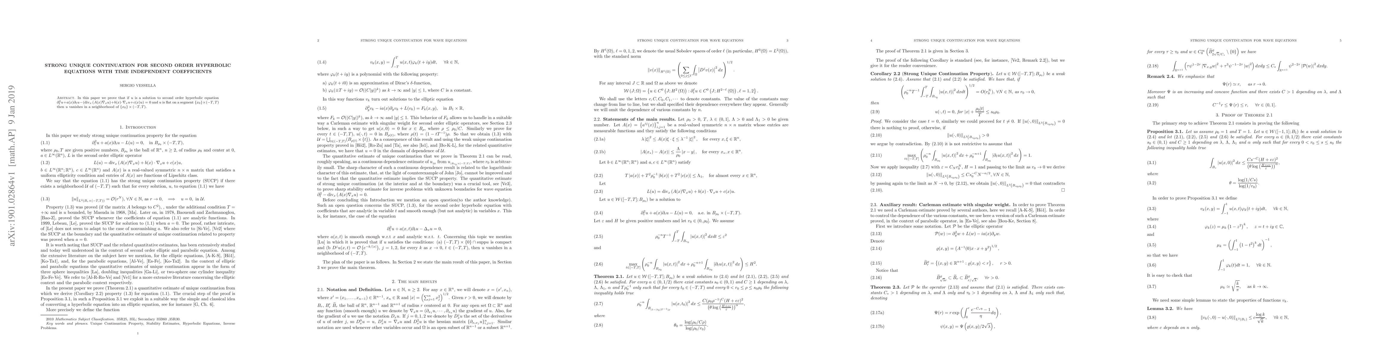 Thumbnail for Strong unique continuation for second order hyperbolic equations with
  time independent coefficients