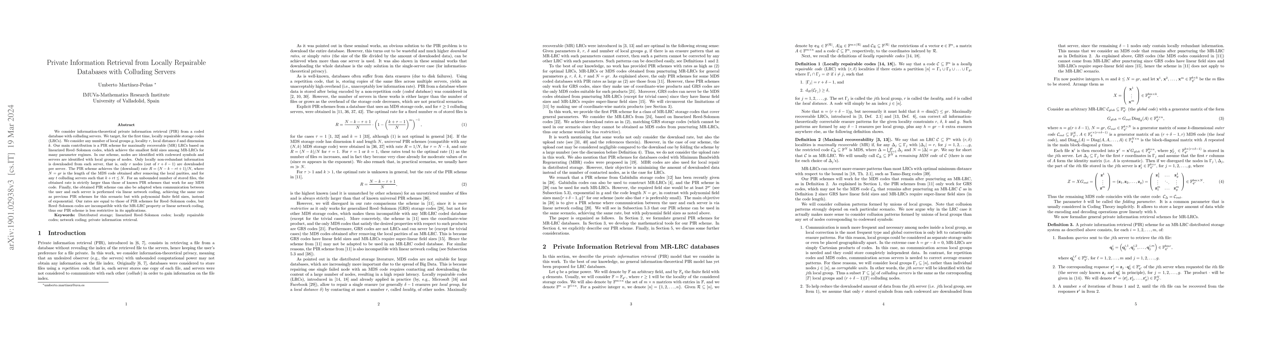 Thumbnail for Private Information Retrieval from Locally Repairable Databases with
  Colluding Servers
