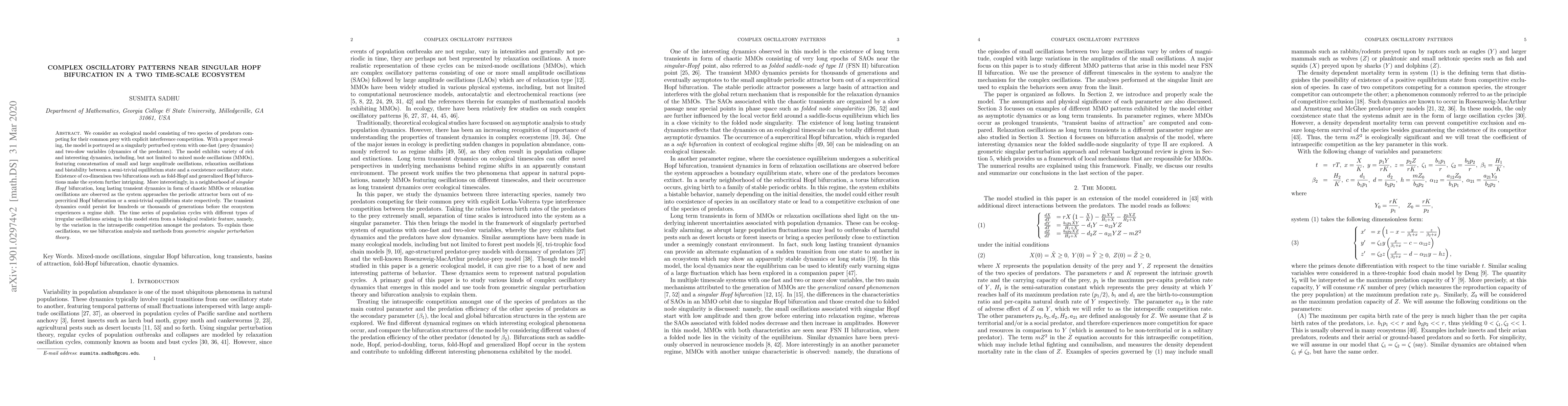 Thumbnail for Complex oscillatory patterns near singular Hopf bifurcation in a two
  time-scale ecosystem