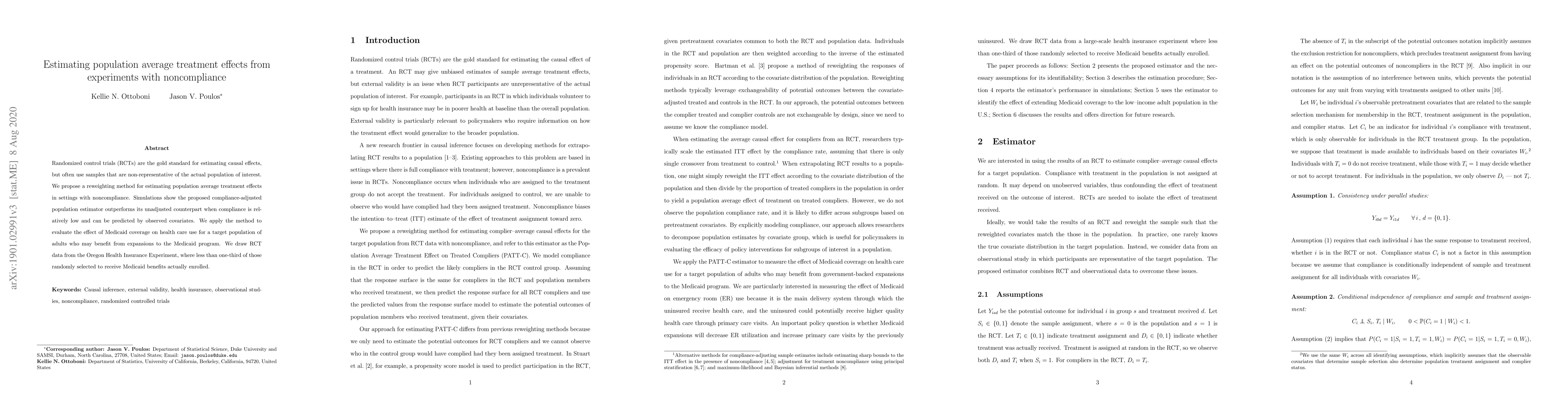 Thumbnail for Estimating population average treatment effects from experiments with
  noncompliance