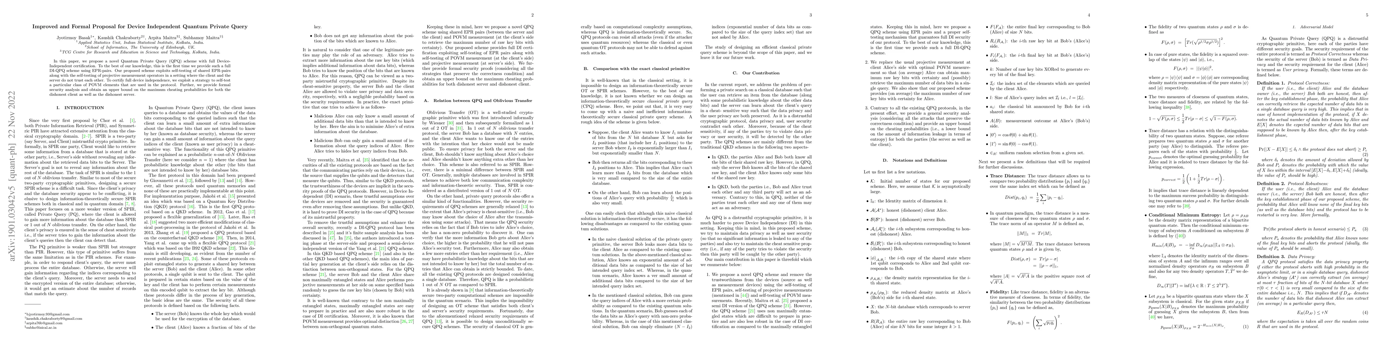 Thumbnail for Improved and Formal Proposal for Device Independent Quantum Private
  Query