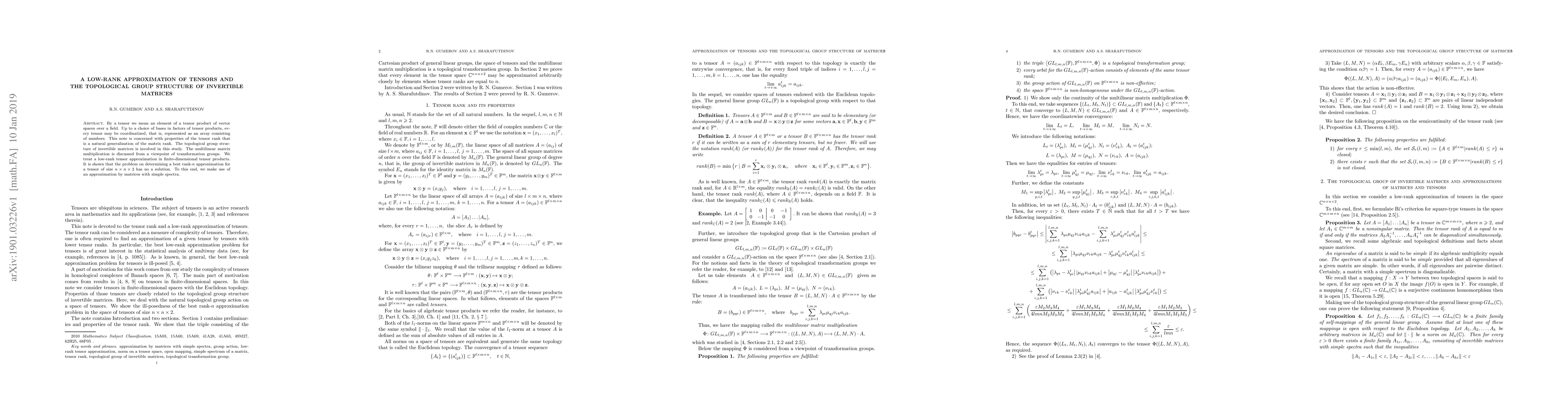 Thumbnail for A low-rank approximation of tensors and the topological group structure
  of invertible matrices