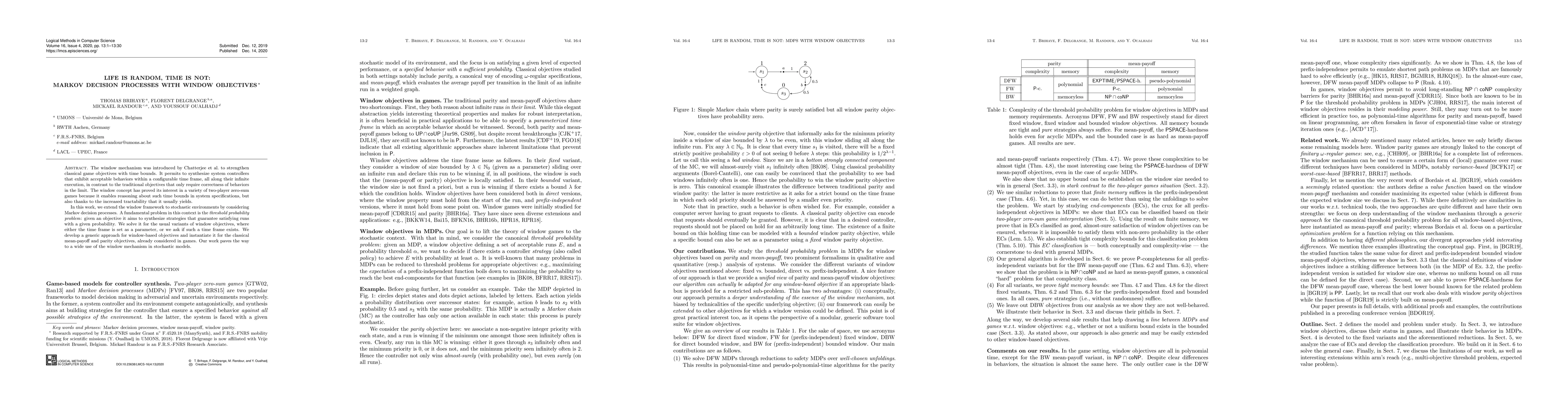 Thumbnail for Life is Random, Time is Not: Markov Decision Processes with Window
  Objectives