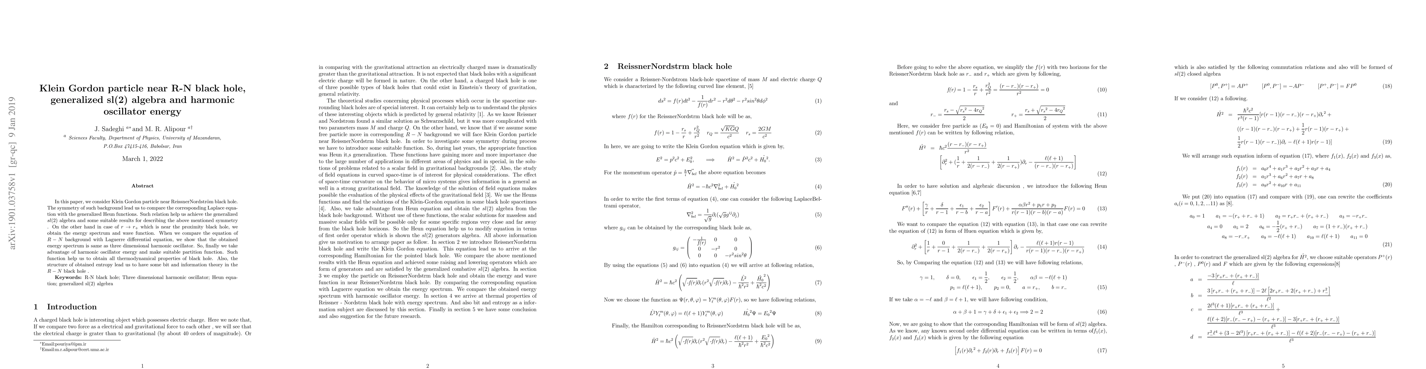Thumbnail for Klein Gordon particle near R-N black hole, generalized sl(2) algebra and
  harmonic oscillator energy