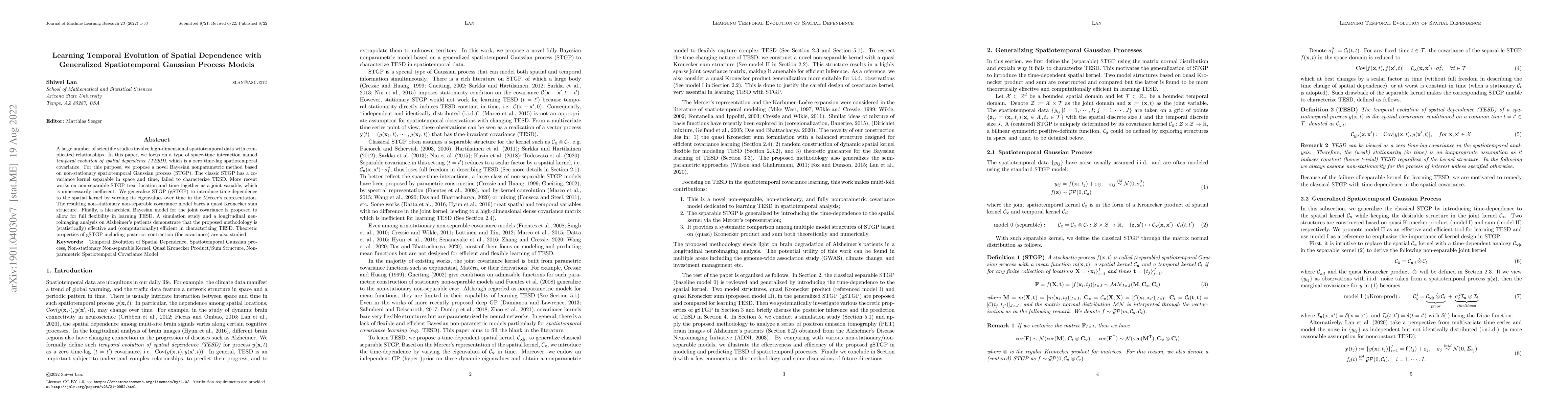Thumbnail for Learning Temporal Evolution of Spatial Dependence with Generalized
  Spatiotemporal Gaussian Process Models