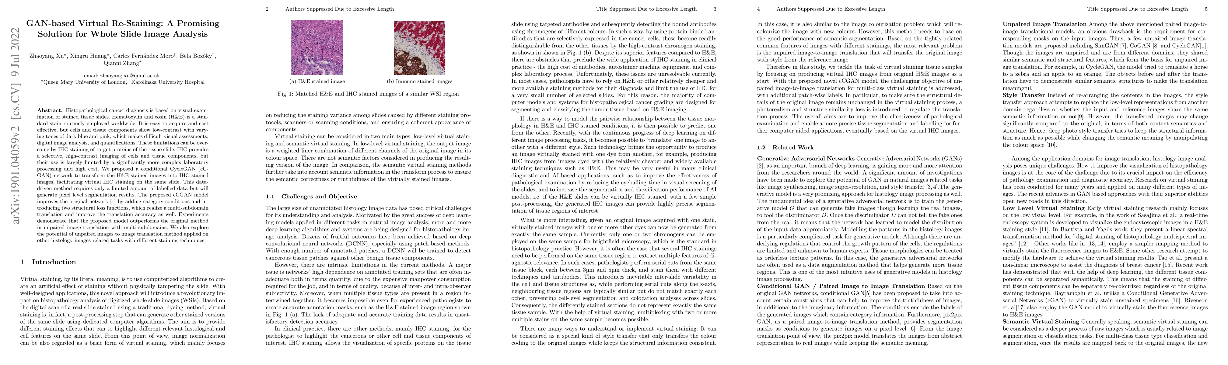 Thumbnail for GAN-based Virtual Re-Staining: A Promising Solution for Whole Slide
  Image Analysis