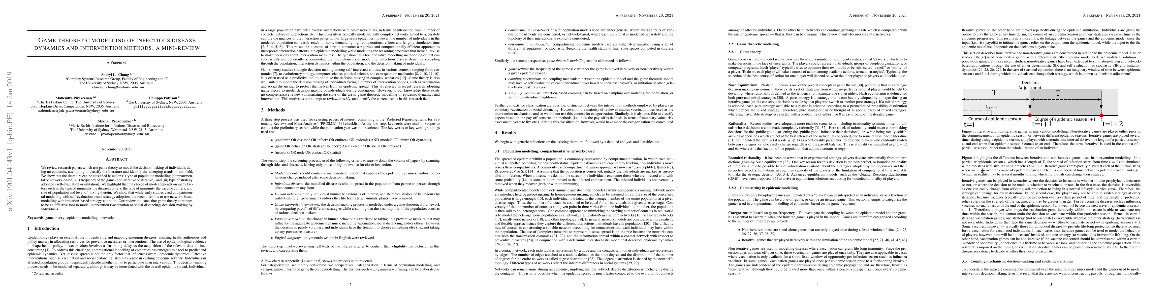 Thumbnail for Game theoretic modelling of infectious disease dynamics and intervention
  methods: a mini-review