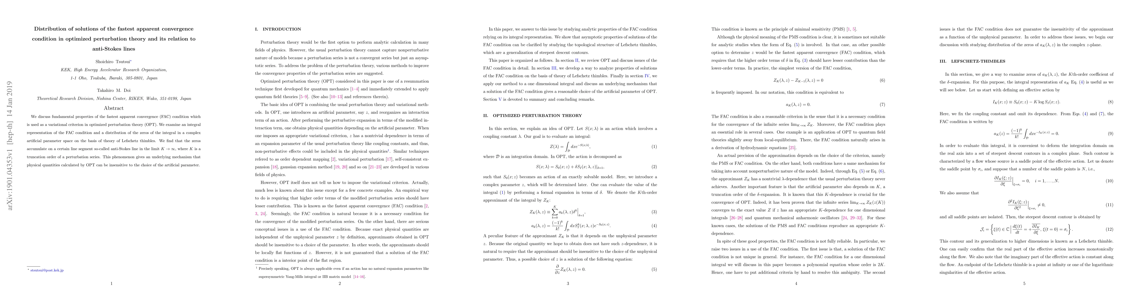 Thumbnail for Distribution of solutions of the fastest apparent convergence condition
  in optimized perturbation theory and its relation to anti-Stokes lines