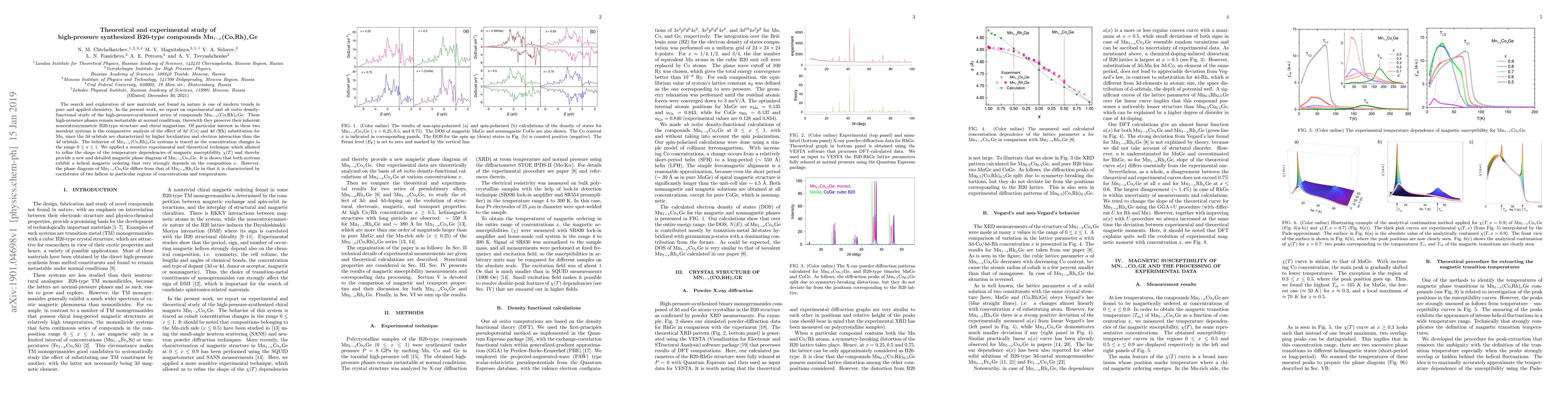 Thumbnail for Theoretical and experimental study of high-pressure synthesized B20-type
  compounds Mn$_{1-x}$(Co,Rh)$_x$Ge