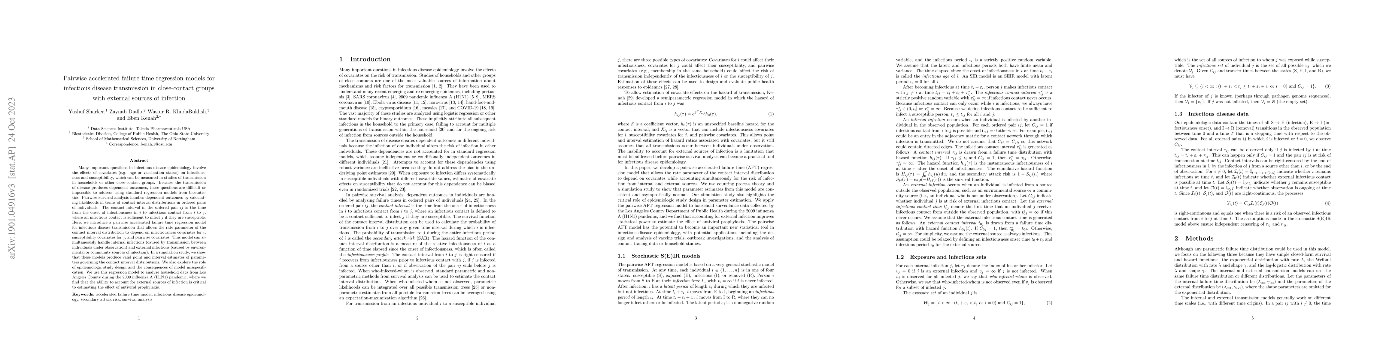 Thumbnail for Pairwise accelerated failure time regression models for infectious
  disease transmission in close-contact groups with external sources of
  infection
