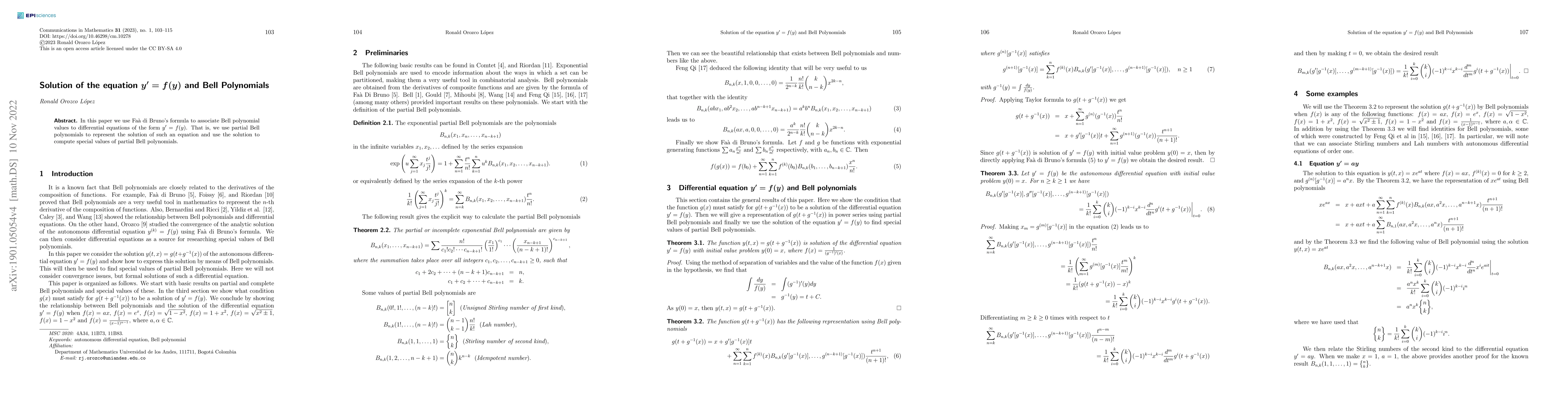 Thumbnail for Solution of the equation $y^{\prime}=f(y)$ and Bell Polynomials