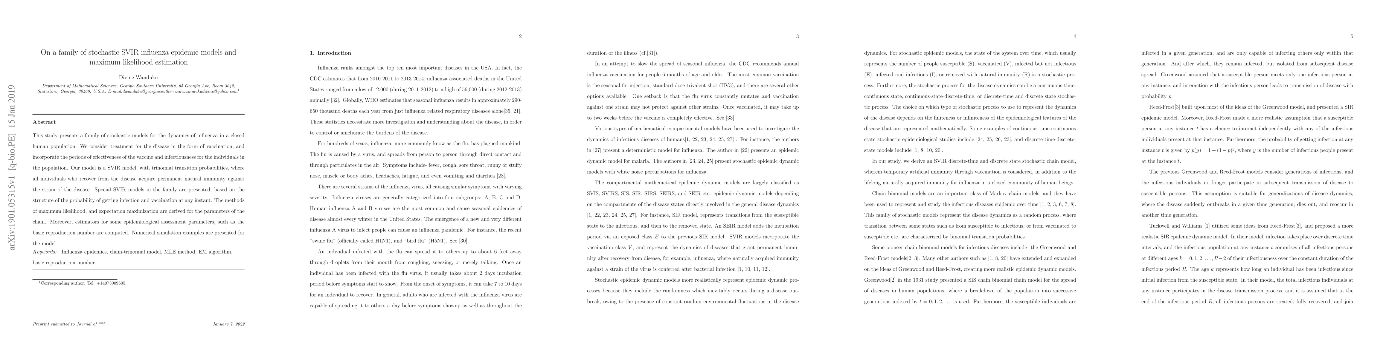 Thumbnail for On a family of stochastic SVIR influenza epidemic models and maximum
  likelihood estimation