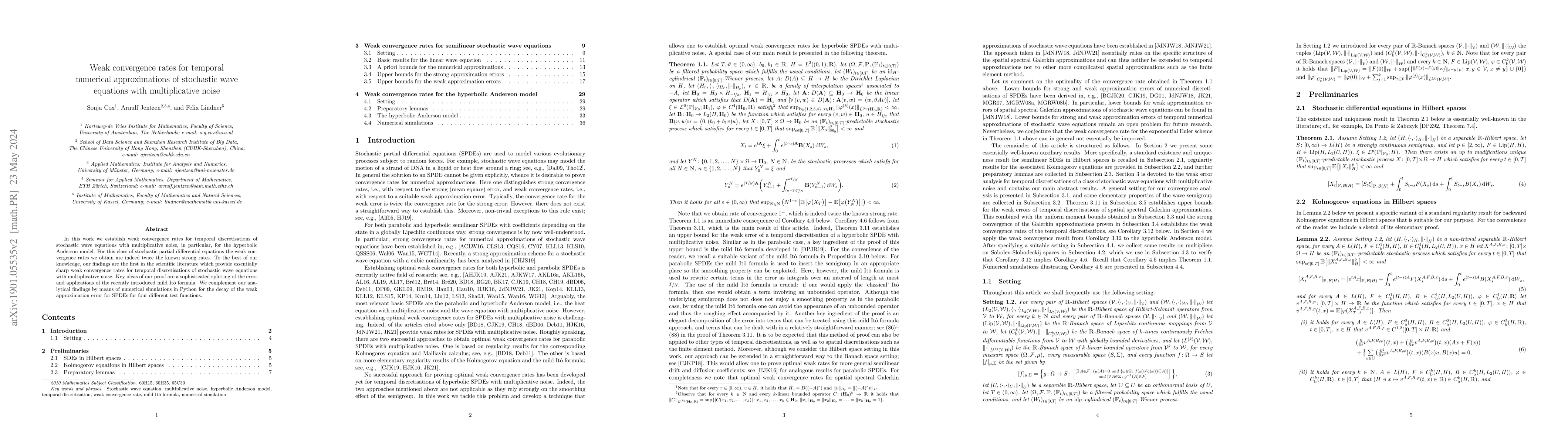 Thumbnail for Weak convergence rates for temporal numerical approximations of
  stochastic wave equations with multiplicative noise