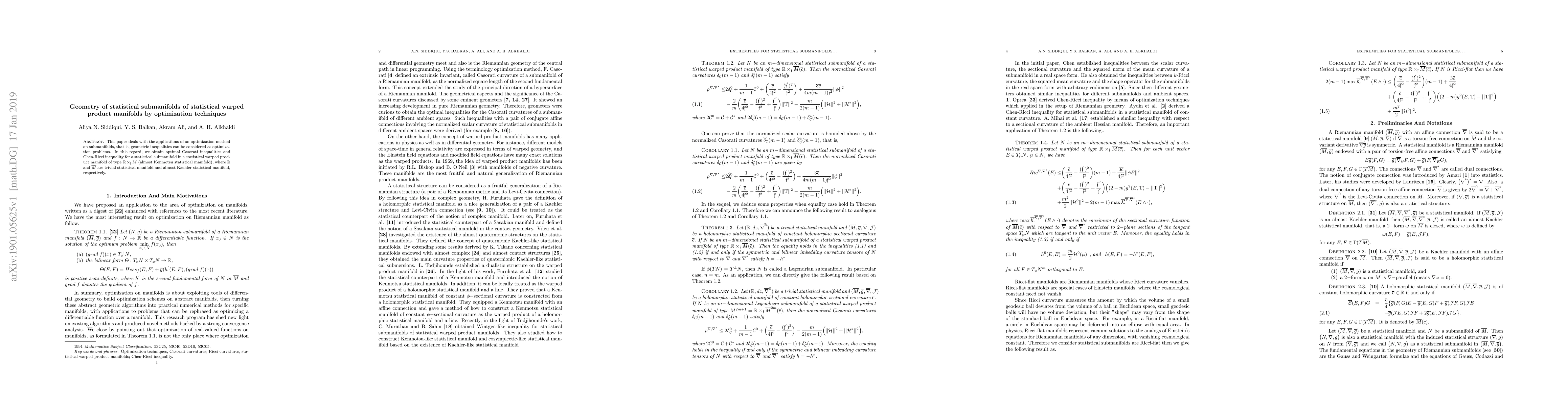 Thumbnail for Geometry of statistical submanifolds of statistical warped product
  manifolds by optimization techniques